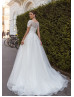 Short Sleeves Beaded White Lace Tulle Wedding Dress